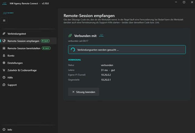 NW Remote Connect — Session verbunden